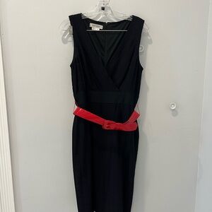 Kay Unger Black Sheath Dress with Red Accent V-Neck Midi
